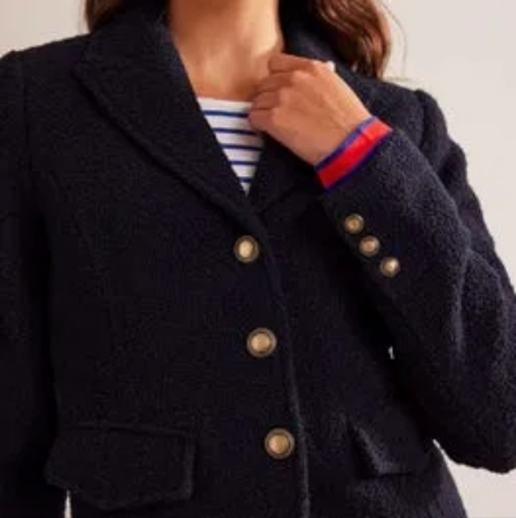 BODEN Ely Textured Jacket U0190 Navy Blue Blazer Wool Boucle Military Women's 2 - Picture 3 of 14